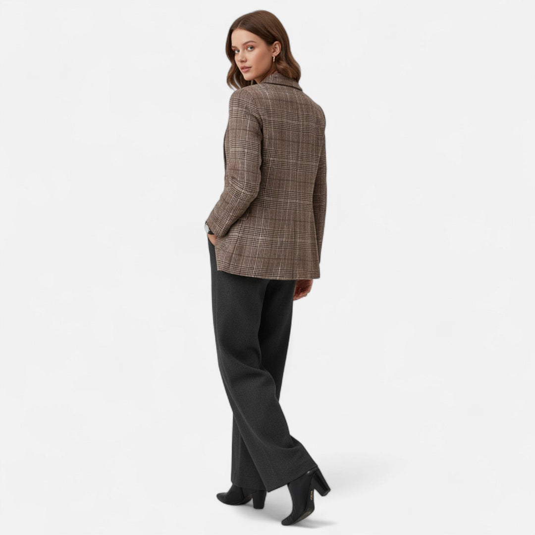 Damenkarierter Blazer mit einreihiger Knopfleiste, taillierte Passform, Braun