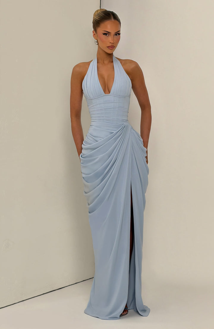 Linde Neckholder-Maxikleid mit Korsett-Oberteil und Chiffonrock