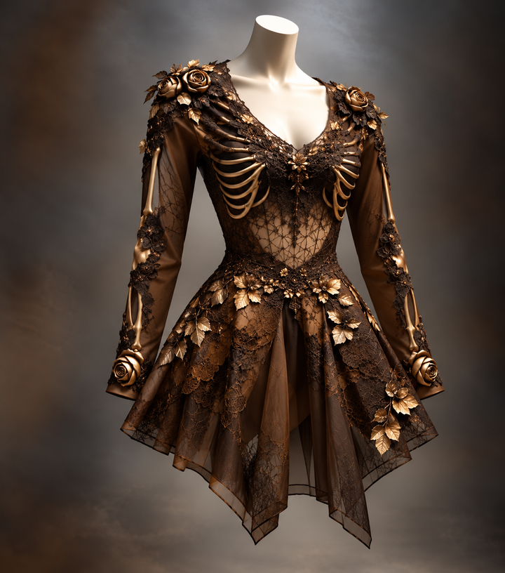 Damen Gothic Langarm V-Ausschnitt Mini-Kleid mit Knochen- und Blumen-Detail