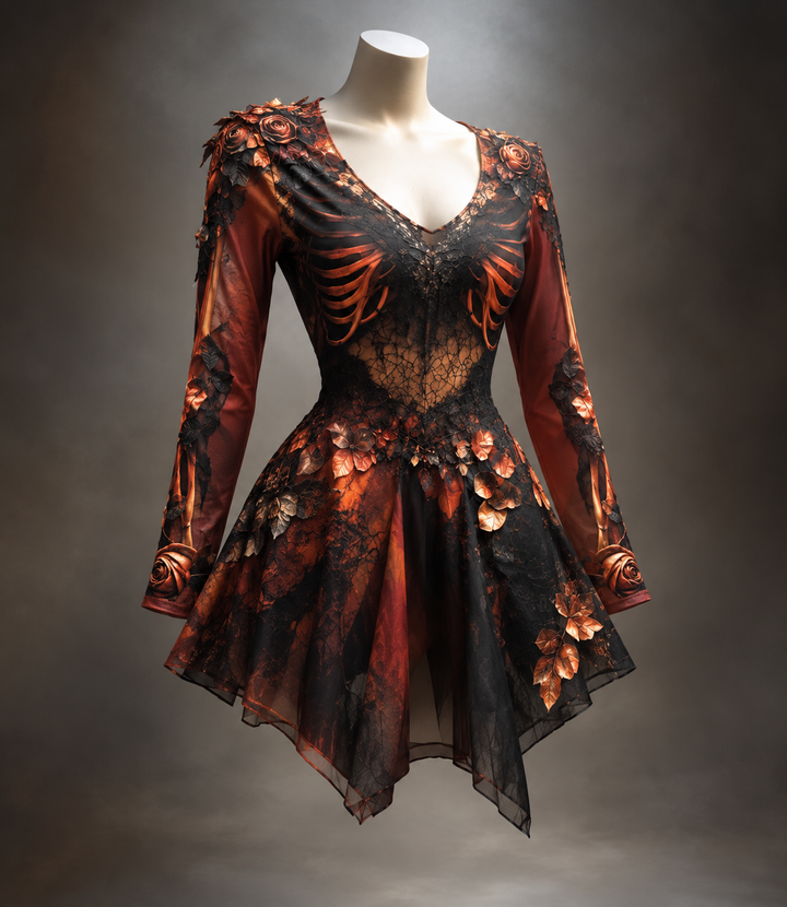 Damen Gothic Langarm V-Ausschnitt Mini-Kleid mit Knochen- und Blumen-Detail