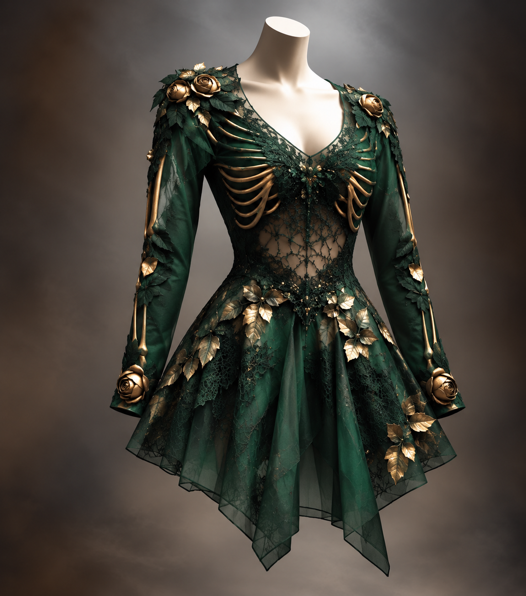 Damen Gothic Langarm V-Ausschnitt Mini-Kleid mit Knochen- und Blumen-Detail