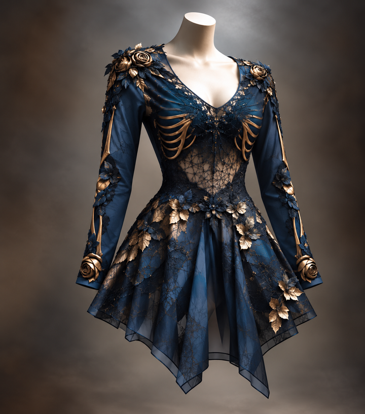 Damen Gothic Langarm V-Ausschnitt Mini-Kleid mit Knochen- und Blumen-Detail