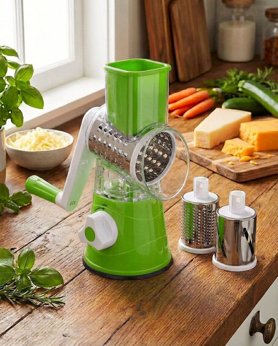 3-in-1 Rotationsgemüseschneider mit Saugfuß und austauschbaren Trommeln