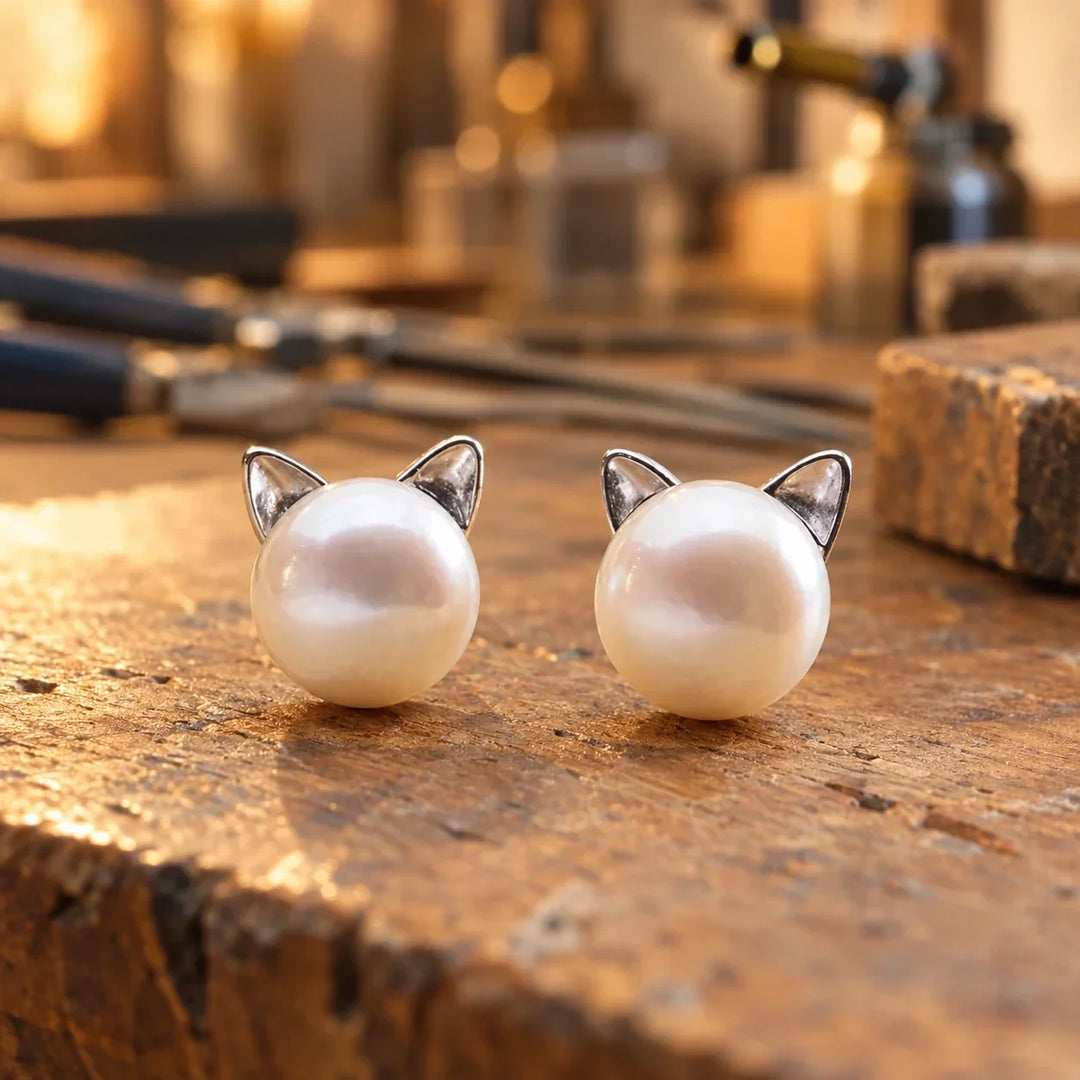 Katzen-Perlen-Ohrstecker aus Sterlingsilber