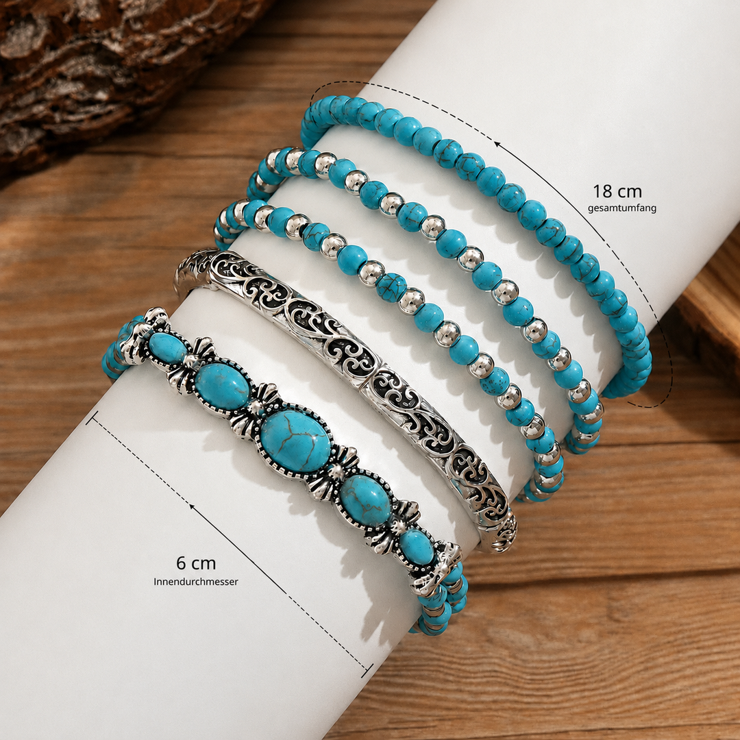 Boho-Armband-Set – 5-teilig, mit türkisfarbenen Perlen
