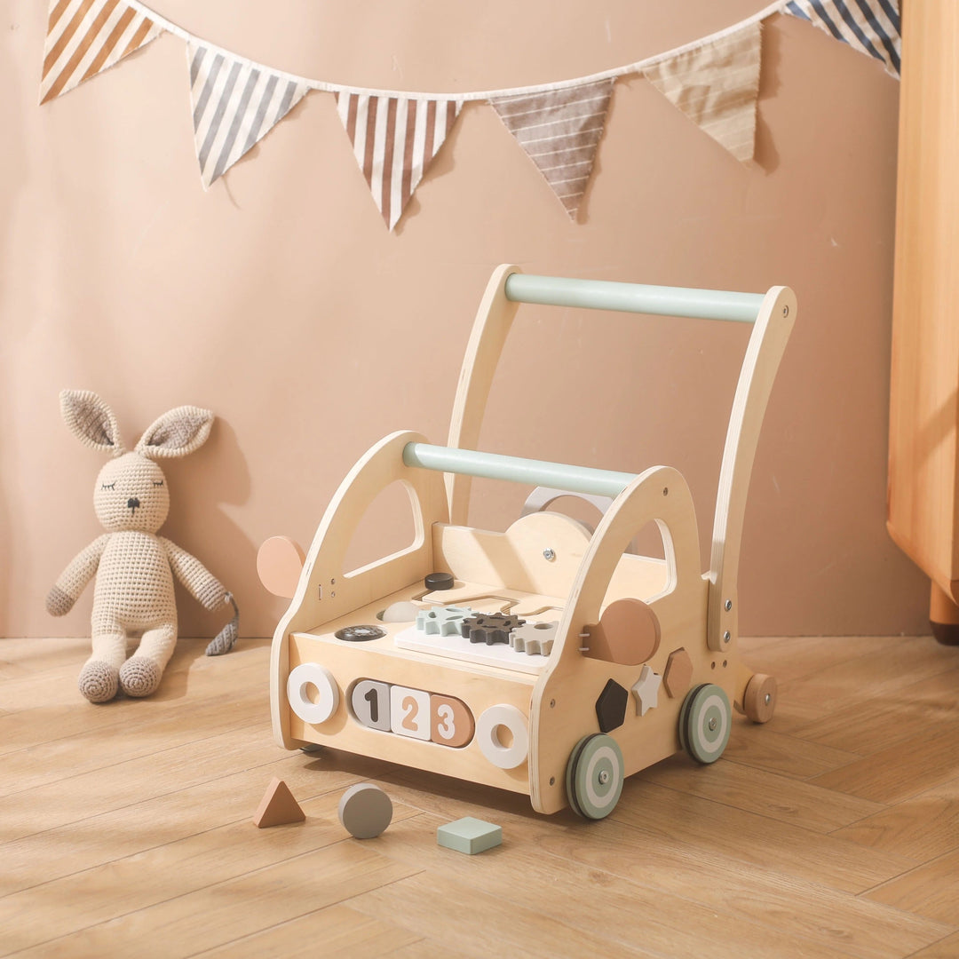 Holz-Lauflernwagen mit Montessori-Spielelementen und Spiegeln