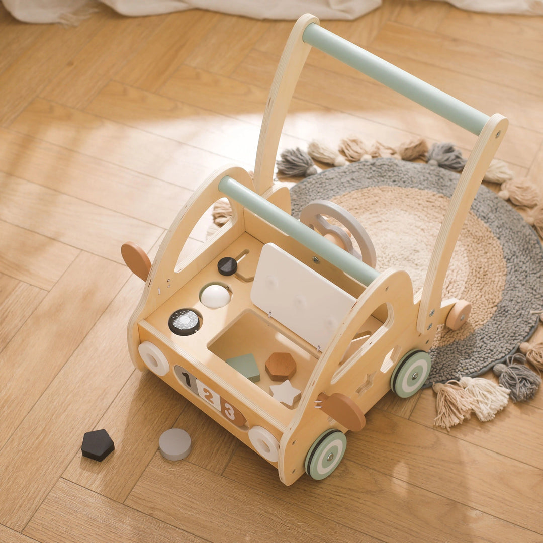 Holz-Lauflernwagen mit Montessori-Spielelementen und Spiegeln