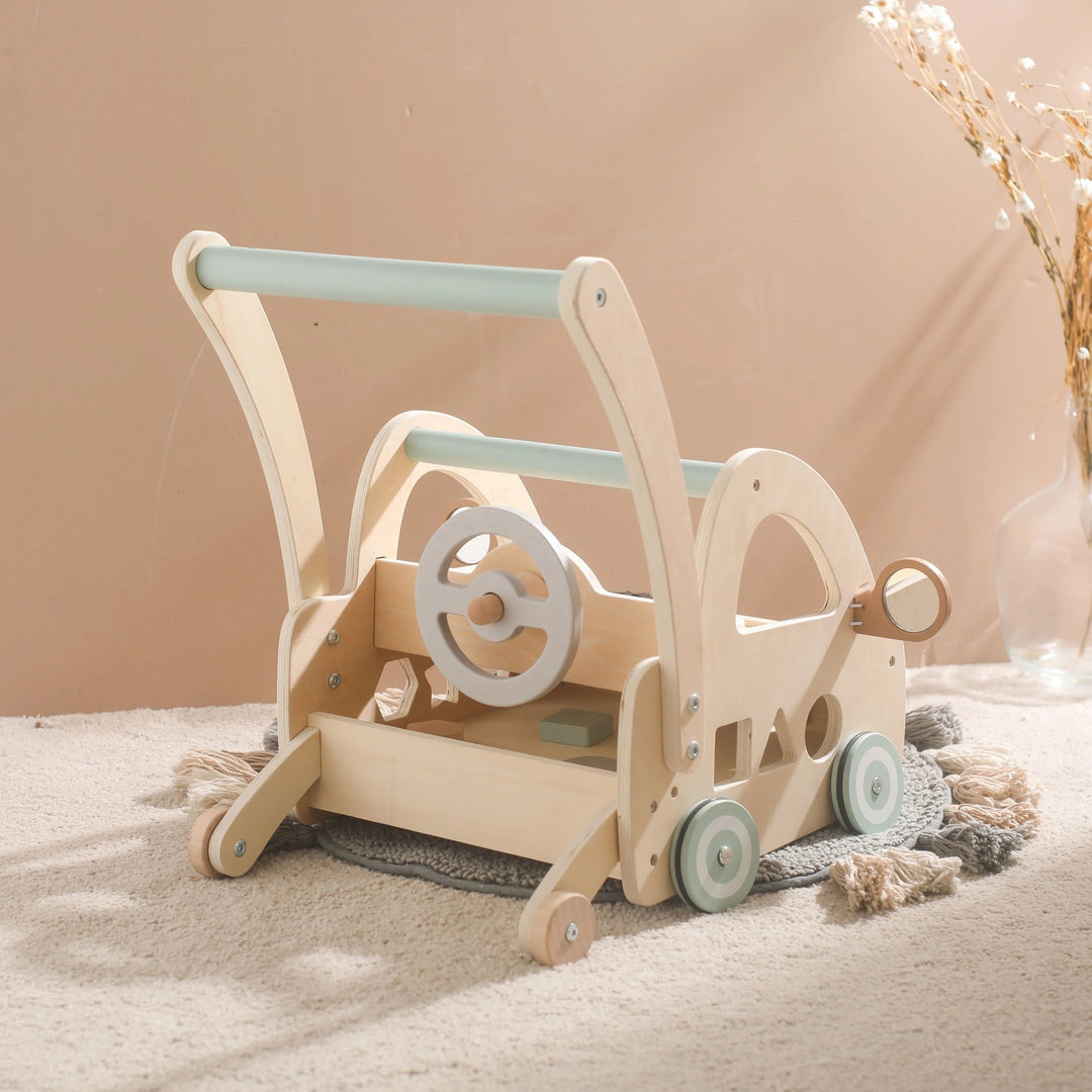 Holz-Lauflernwagen mit Montessori-Spielelementen und Spiegeln