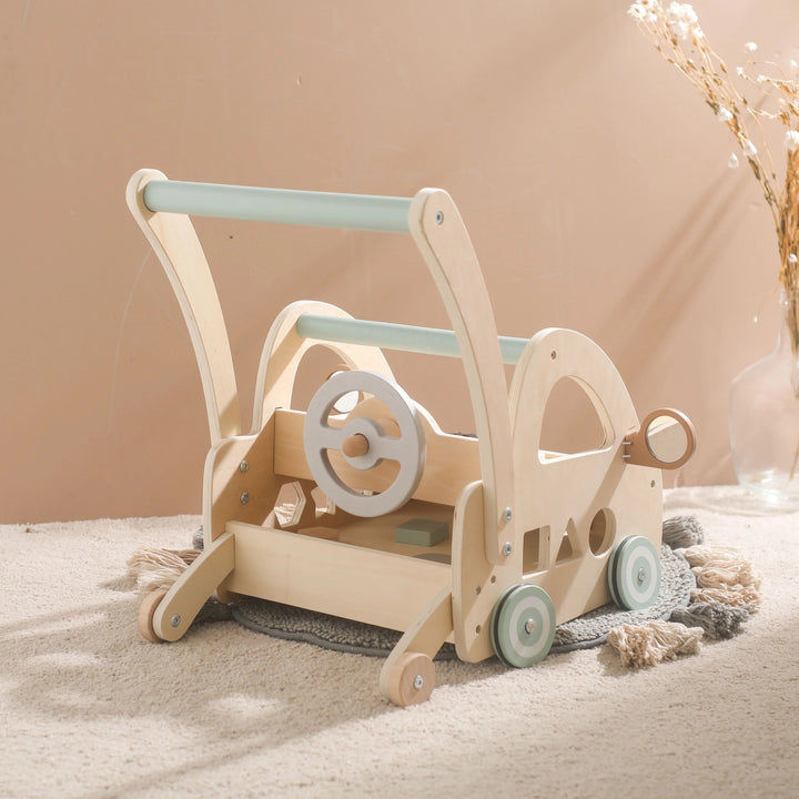 Holz-Lauflernwagen mit Montessori-Spielelementen und Spiegeln