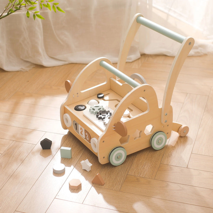 Holz-Lauflernwagen mit Montessori-Spielelementen und Spiegeln