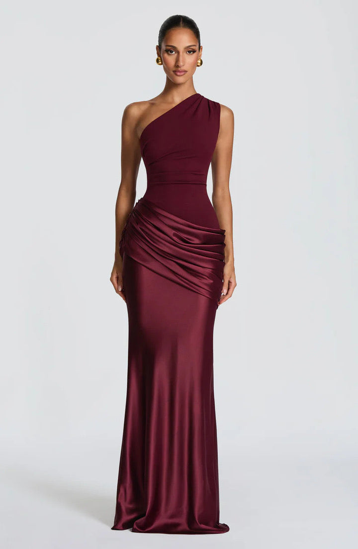 Sidonie einseitig geschultertes, drapiertes Maxikleid aus Satin