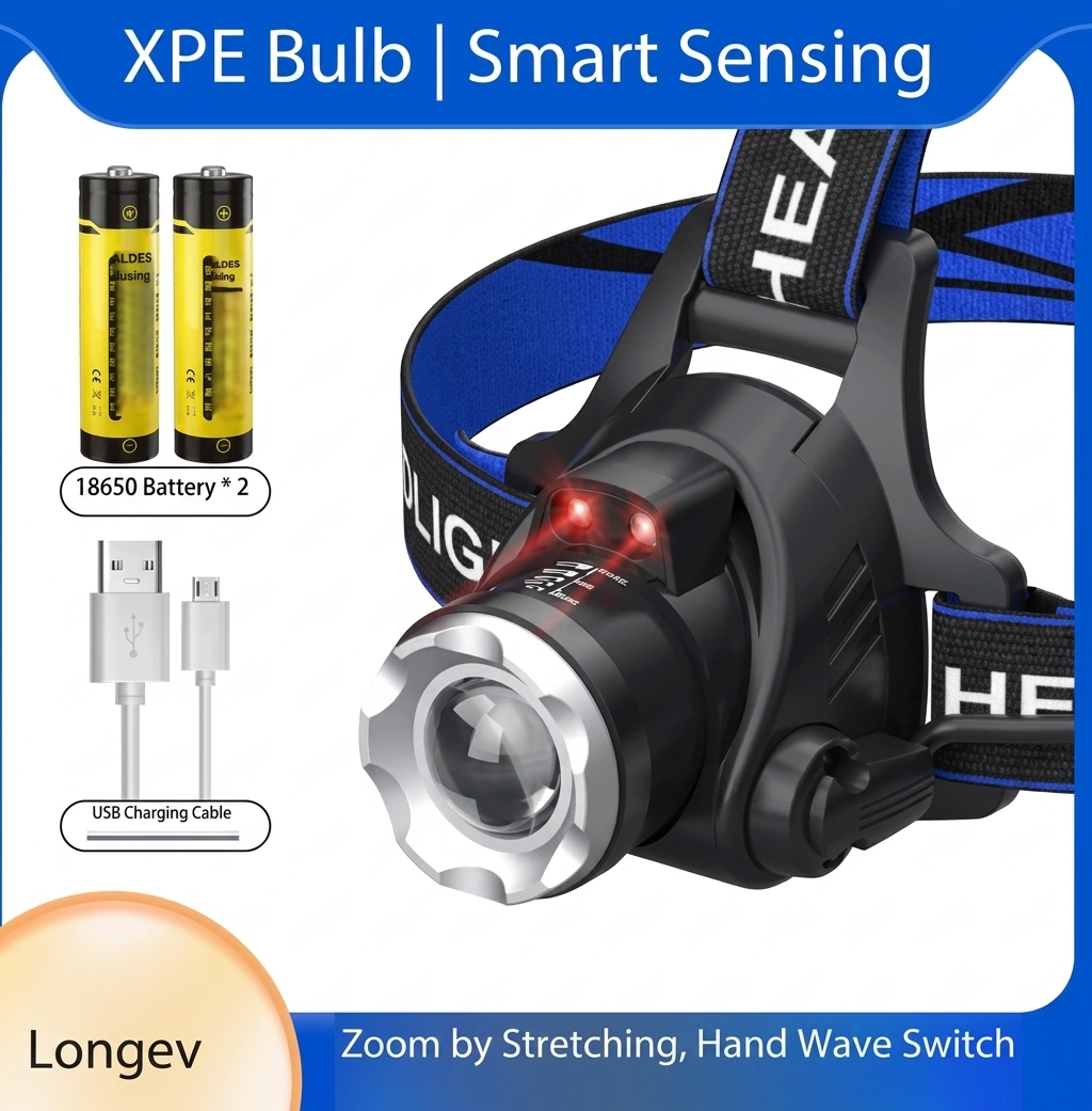 Stirnlampe | Wiederaufladbare Wasserdichte LED-Lampe mit Zoom