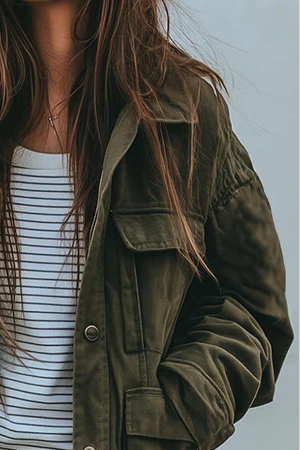 Damen-Utility-Jacke in Grün, lockere Passform im Militärstil mit Taschen