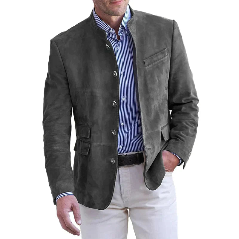 Herrenjacke mit Stehkragen und Knopfleiste, Regular-Fit-Blazer