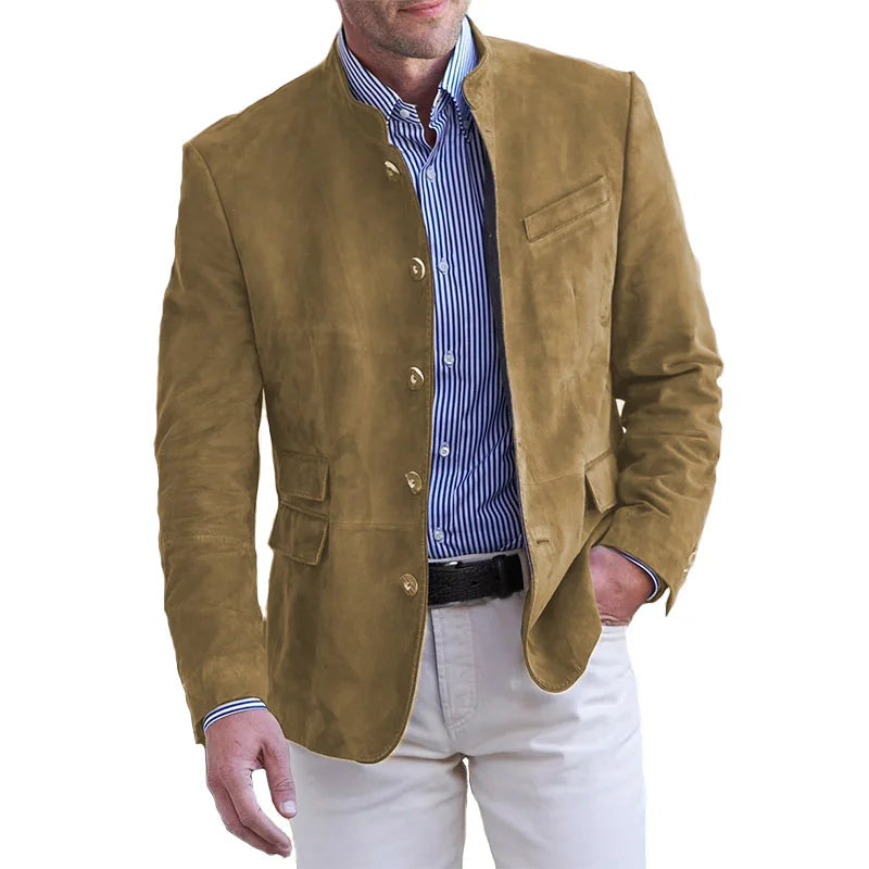 Herrenjacke mit Stehkragen und Knopfleiste, Regular-Fit-Blazer