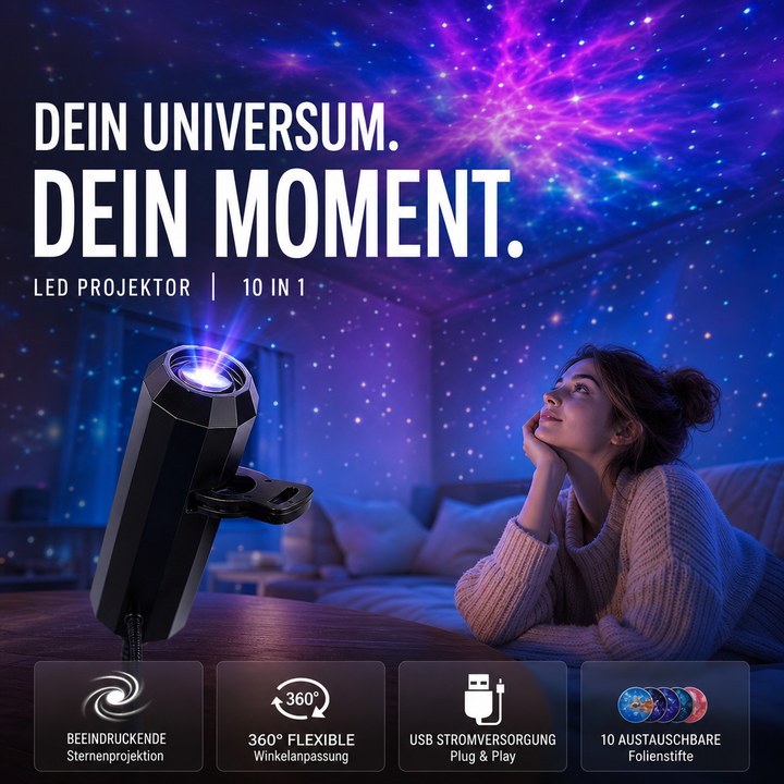 LED Galaxie Sternenprojektor mit 10 Folien und flexiblem USB-Arm