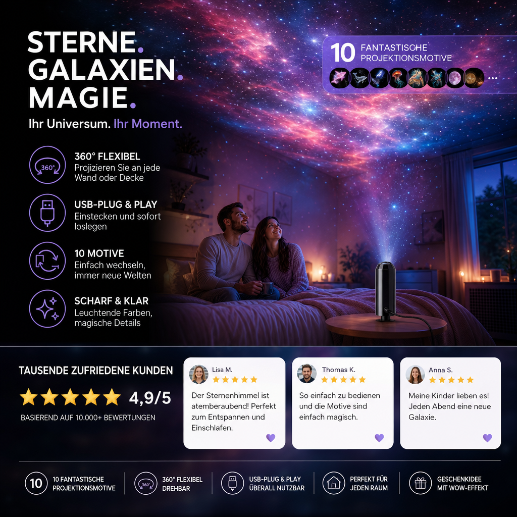 LED Galaxie Sternenprojektor mit 10 Folien und flexiblem USB-Arm