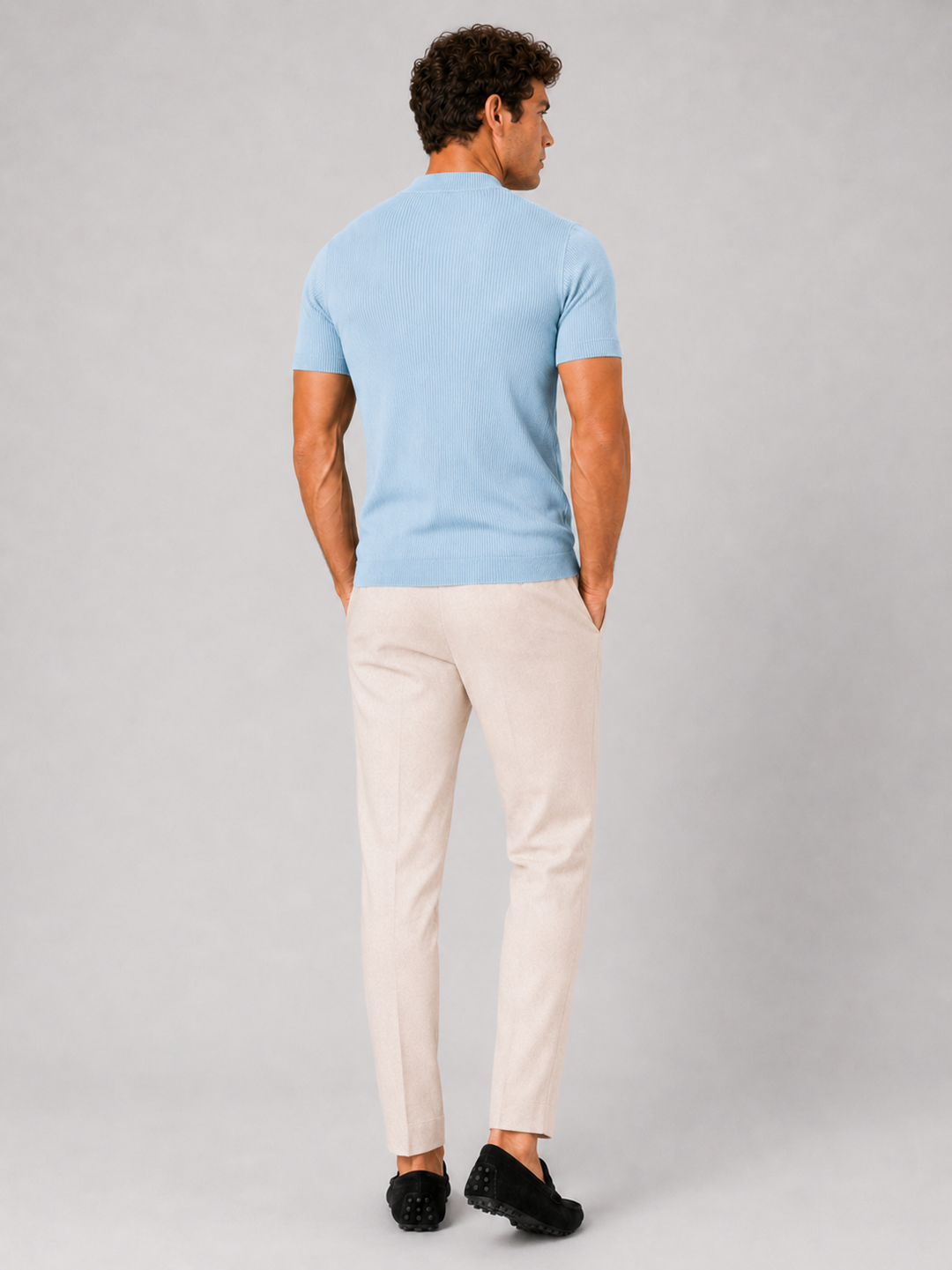 Herren-Ripp-T-Shirt mit Stehkragen – figurbetontes Stretch-Kurzarm-Top