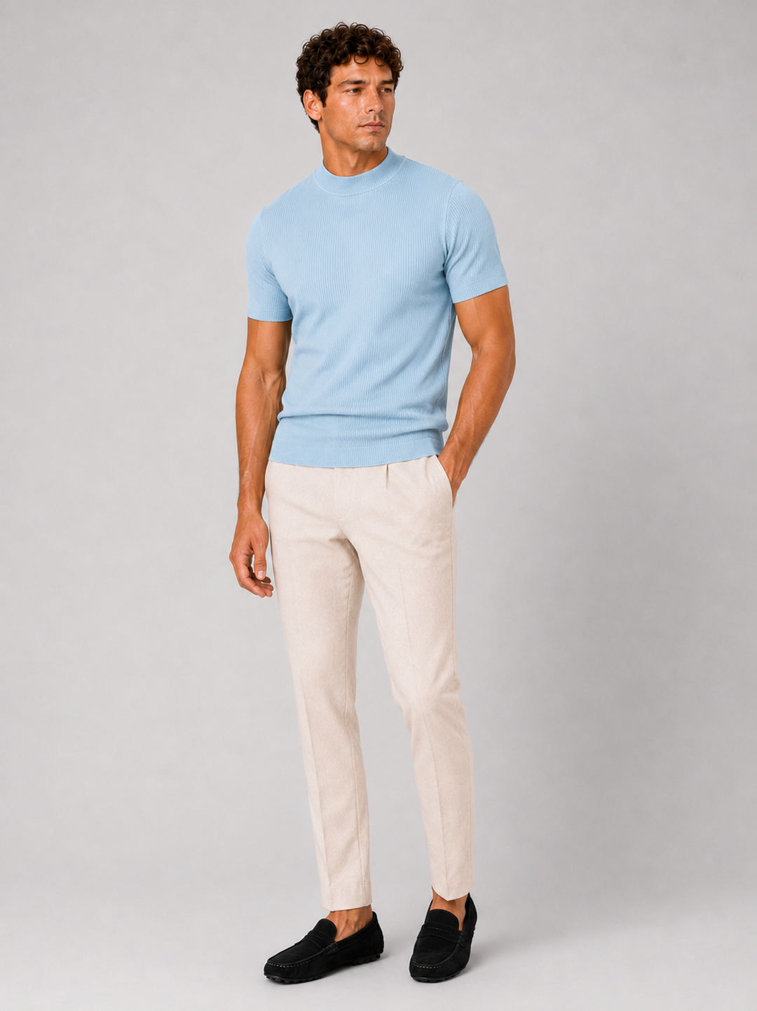Herren-Ripp-T-Shirt mit Stehkragen – figurbetontes Stretch-Kurzarm-Top