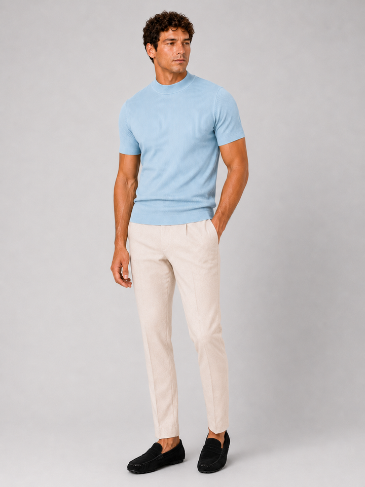 Herren-Ripp-T-Shirt mit Stehkragen – figurbetontes Stretch-Kurzarm-Top