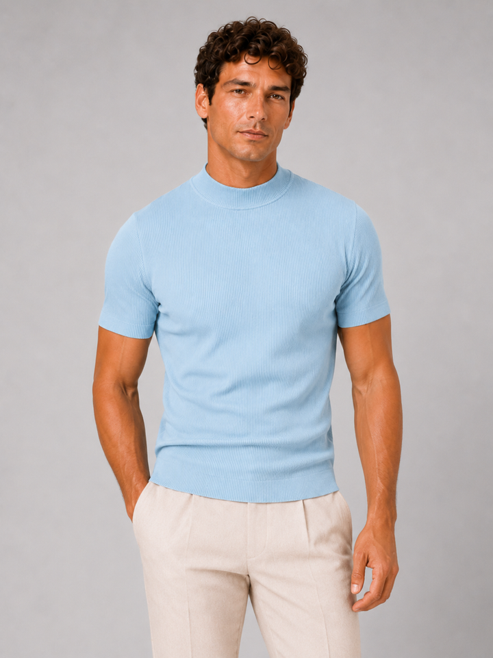 Herren-Ripp-T-Shirt mit Stehkragen – figurbetontes Stretch-Kurzarm-Top