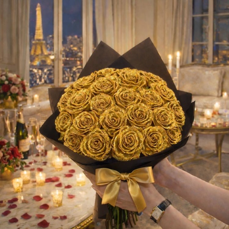 Geschenk mit Glitzer-Rosen – Einzelne Rose oder Rosenstrauß in eleganter Geschenkbox