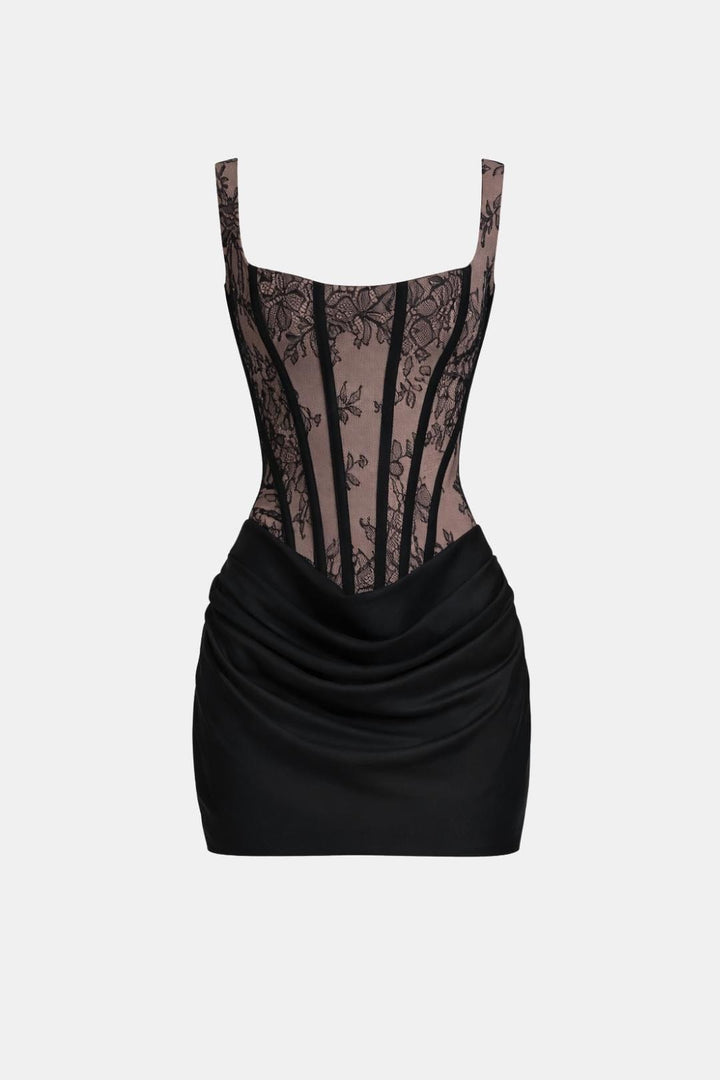 Mini-Kleid mit gesteiftem Mieder, quadratischem Ausschnitt, drapiertem Rock und Schnürung am Rücken.