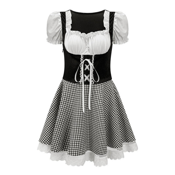 Kurzes Oktoberfest Dirndlkleid mit Karomuster und Spitzenapplikation