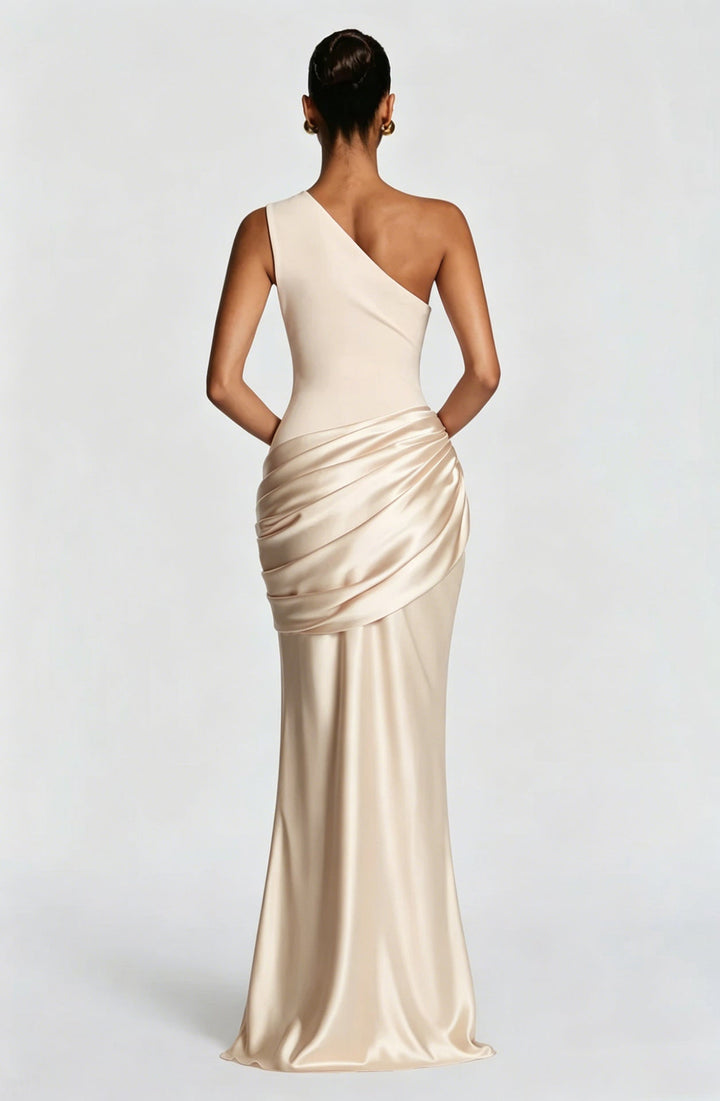 Sidonie einseitig geschultertes, drapiertes Maxikleid aus Satin