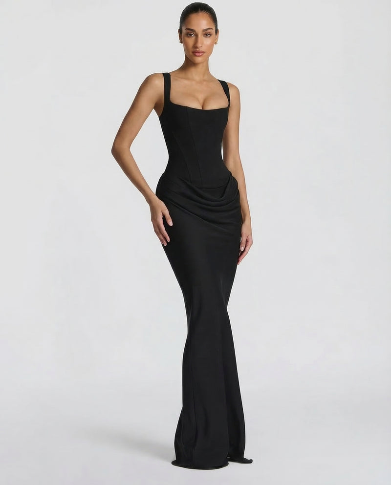 Korsett-Maxikleid mit drapiertem Rock und Schnürung am Rücken
