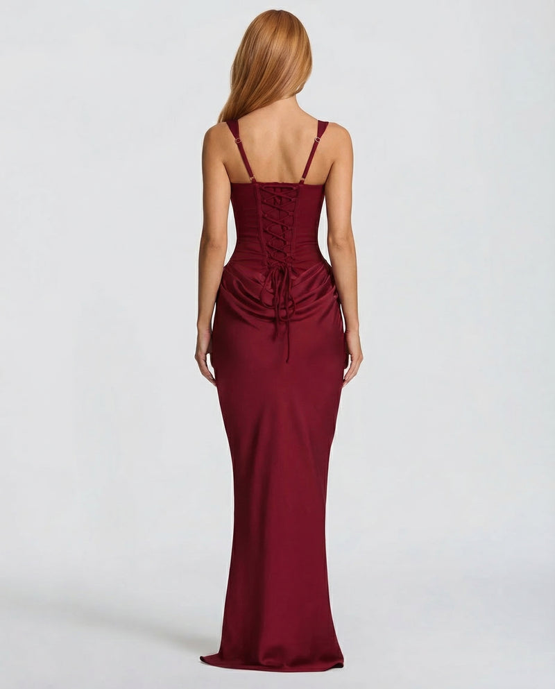 Korsett-Maxikleid mit drapiertem Rock und Schnürung am Rücken