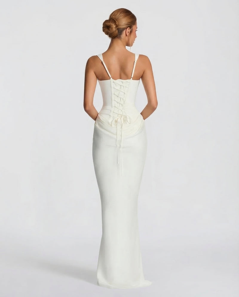 Korsett-Maxikleid mit drapiertem Rock und Schnürung am Rücken