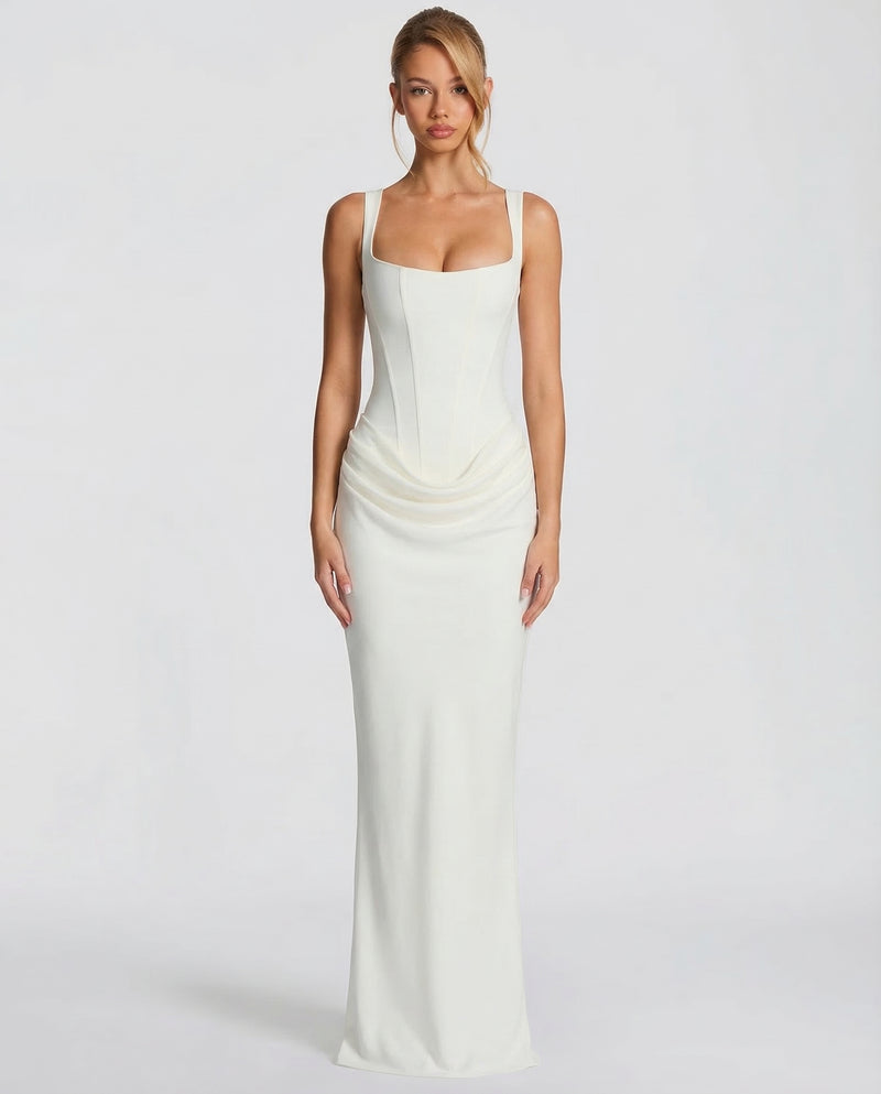 Korsett-Maxikleid mit drapiertem Rock und Schnürung am Rücken