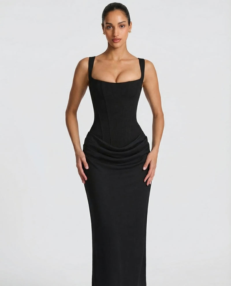 Korsett-Maxikleid mit drapiertem Rock und Schnürung am Rücken
