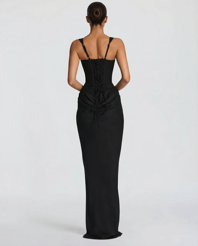 Korsett-Maxikleid mit drapiertem Rock und Schnürung am Rücken