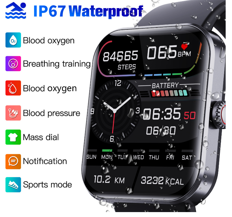 Wasserdichte Smartwatch mit Blutdruck-, Blutsauerstoff- und Schlafmonitor
