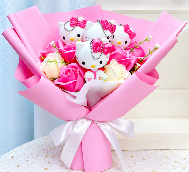 Bunter Kunstblumenstrauß mit Kitty-Figuren für Geschenke und Deko