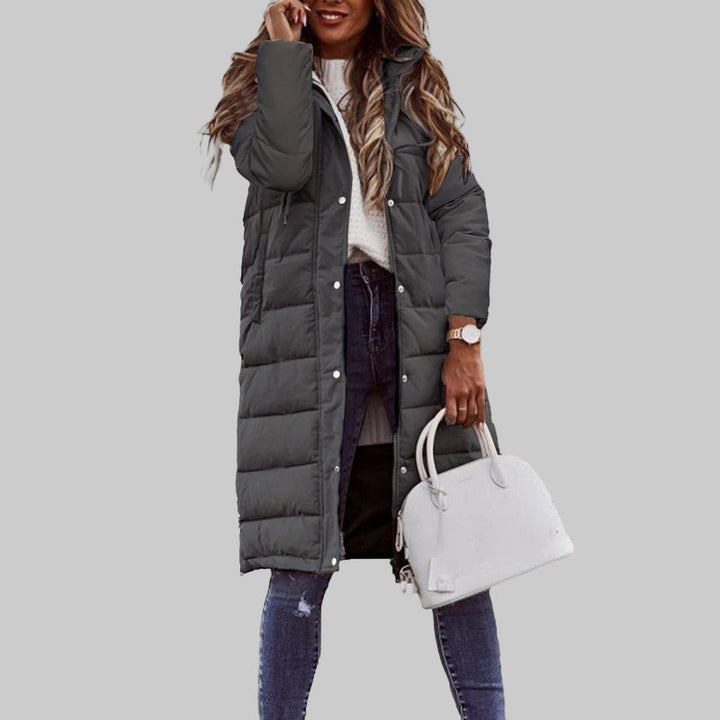 Gesteppte lange Jacke mit Kapuze für Damen
