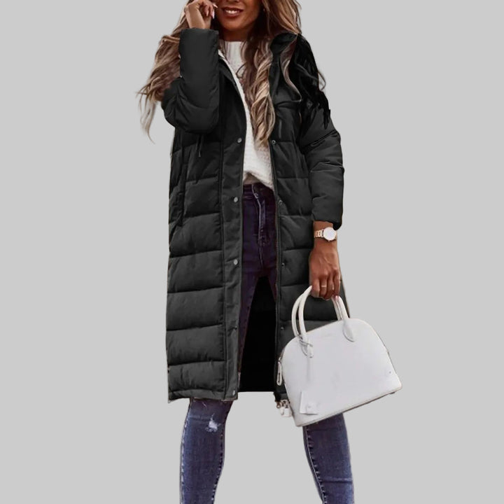 Gesteppte lange Jacke mit Kapuze für Damen