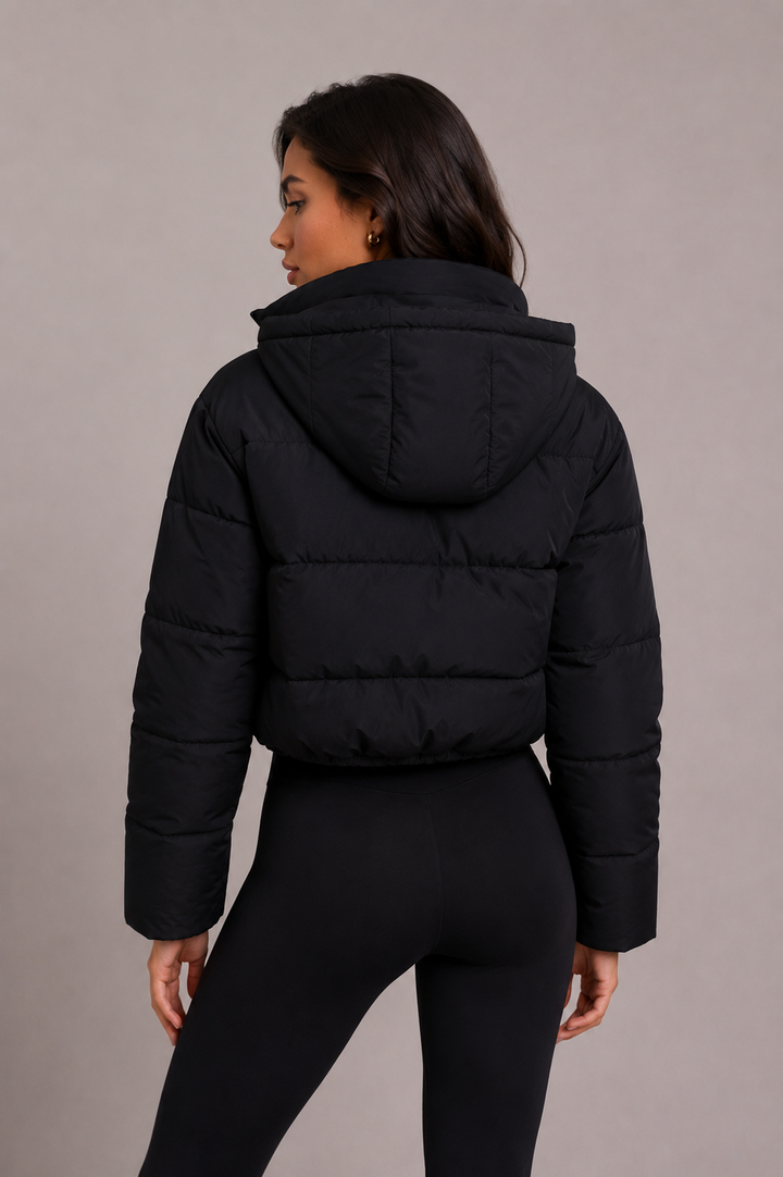 Damen Kurze Steppdaunenjacke mit Kapuze mit enger Passform