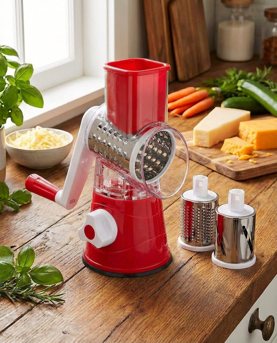 3-in-1 Rotationsgemüseschneider mit Saugfuß und austauschbaren Trommeln