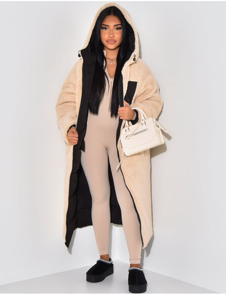 Wendbare lange Damen-Pufferjacke mit Kapuze, knöchellang