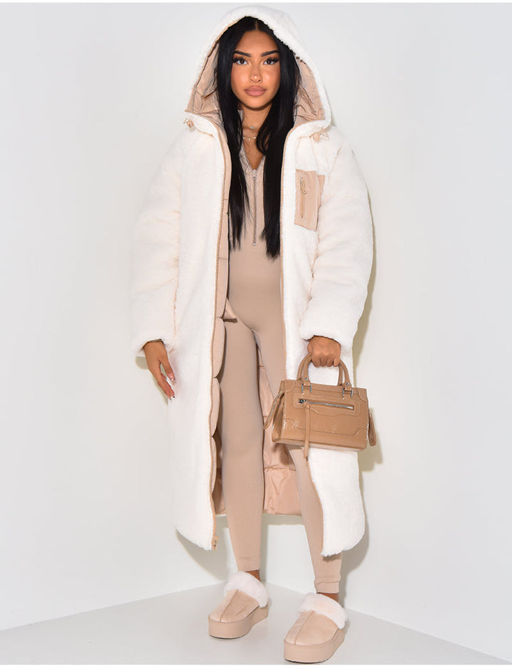 Wendbare lange Damen-Pufferjacke mit Kapuze, knöchellang