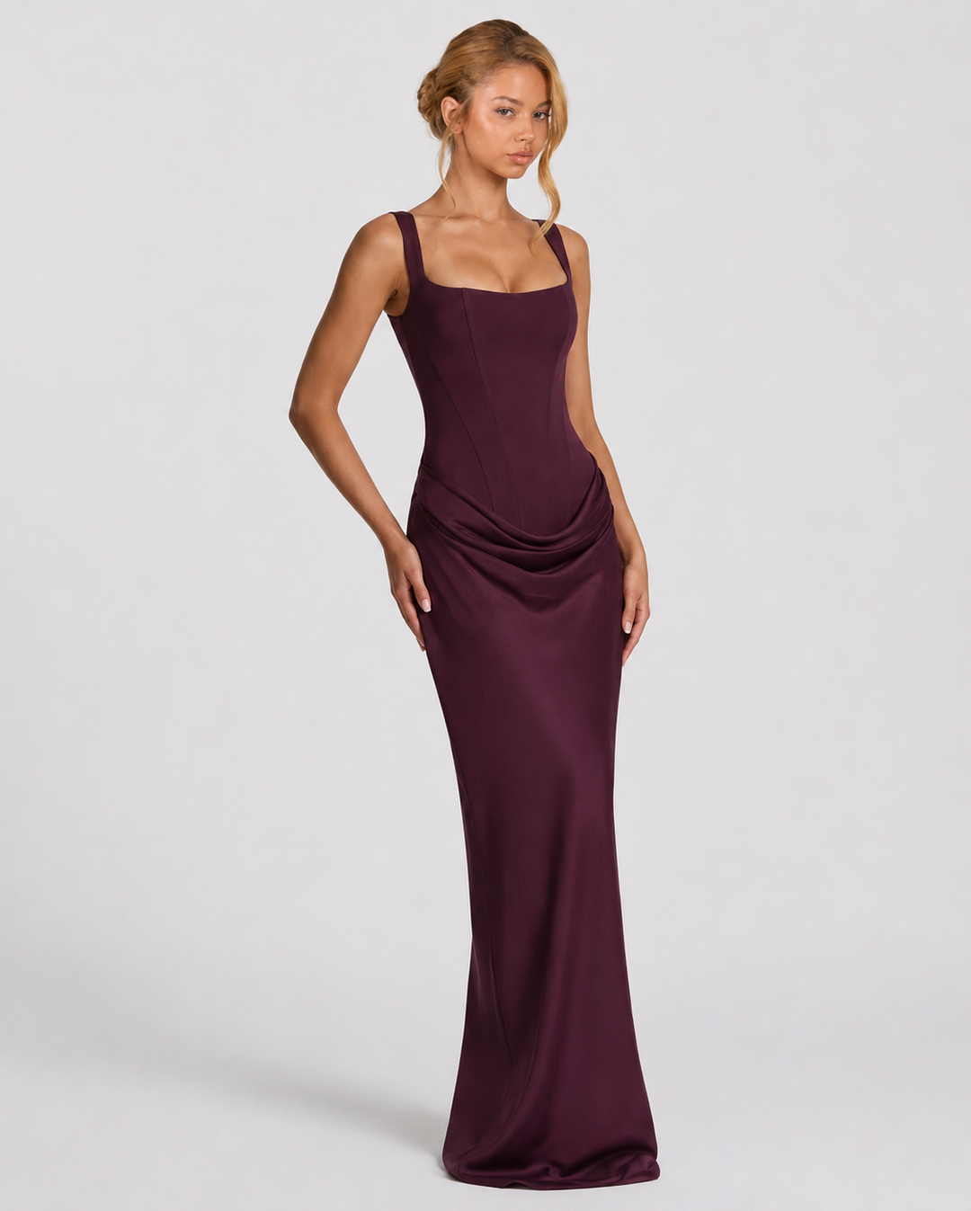 Korsett-Maxikleid mit drapiertem Rock und Schnürung am Rücken