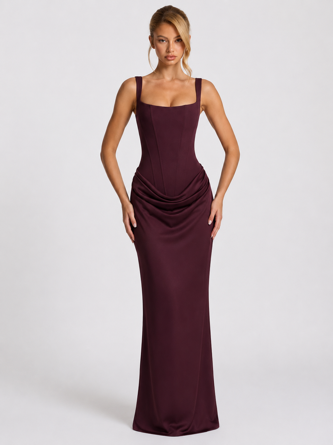 Korsett-Maxikleid mit drapiertem Rock und Schnürung am Rücken