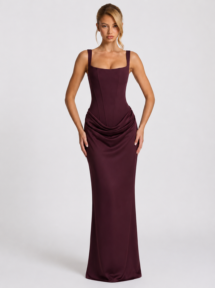 Korsett-Maxikleid mit drapiertem Rock und Schnürung am Rücken