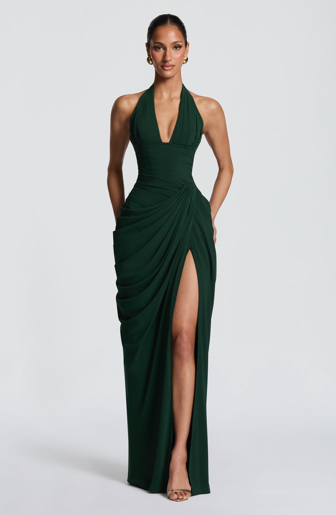 Linde Neckholder-Maxikleid mit Korsett-Oberteil und Chiffonrock