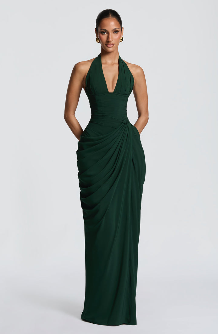 Linde Neckholder-Maxikleid mit Korsett-Oberteil und Chiffonrock