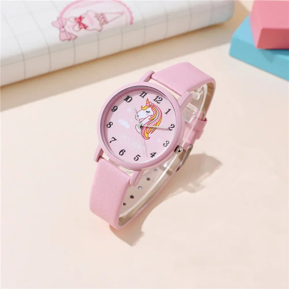 Kinderuhr mit süßem Einhorn – Armband aus PU-Leder und Cartoon-Design