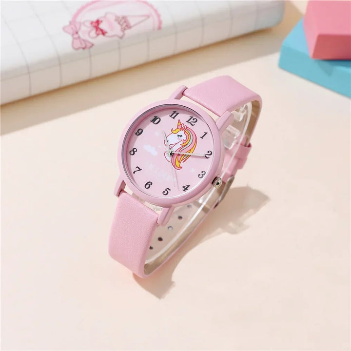 Kinderuhr mit süßem Einhorn – Armband aus PU-Leder und Cartoon-Design